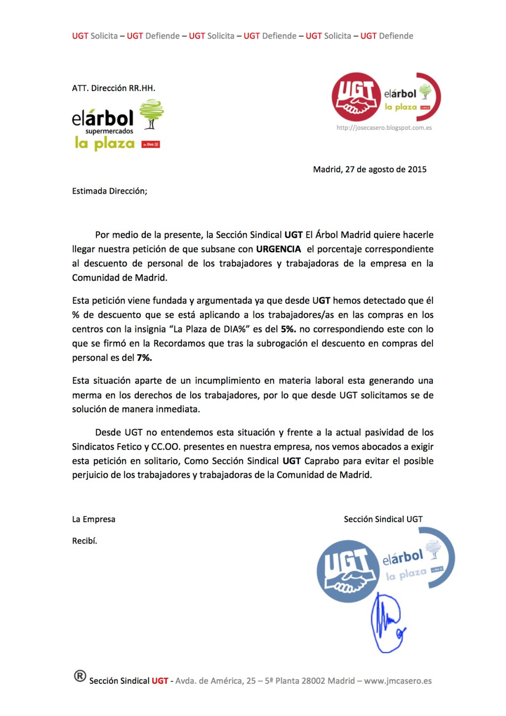 UGT solicita que se cumpla el 7% de descuento para los trabajadores de la Plaza de DIA%