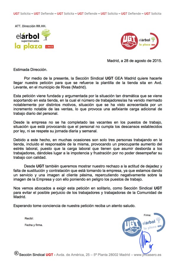 UGT solicita que se refuerce la plantilla de la "Plaza de DIA%" sita en Avd. Levante, Rivas.