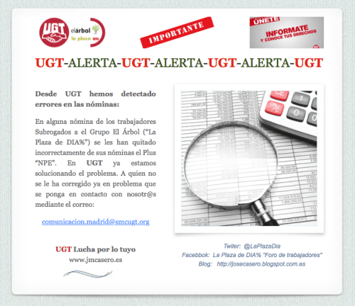 UGT detecta errores en las nóminas de agosto de "La Plaza de DIA%".