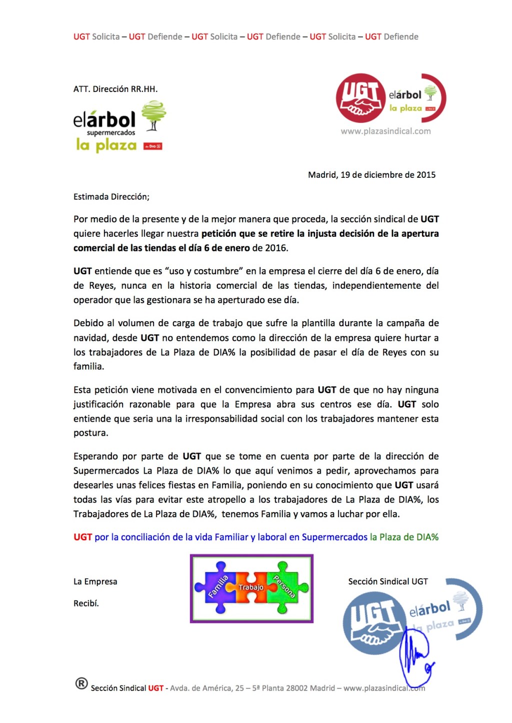 UGT solicita el cierre de supermercados la plaza de DIA% el día 6 de Enero