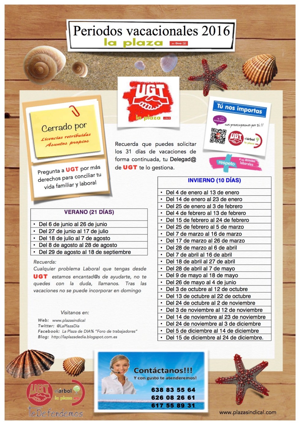 Quedan fijados los periodos vacacionales para el 2016 en Supermercados La Plaza de DIA%.