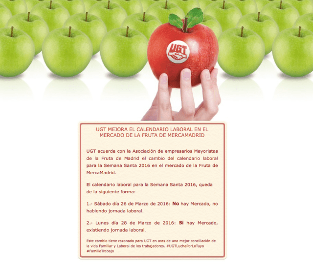 UGT MEJORA EL CALENDARIO LABORAL EN EL MERCADO DE LA FRUTA DE MERCAMADRID
