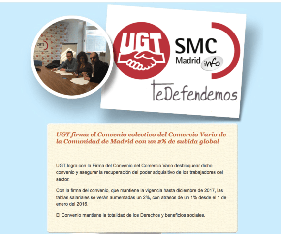 UGT firma el Convenio colectivo del Comercio Vario de la Comunidad de Madrid con un 2% de subida global