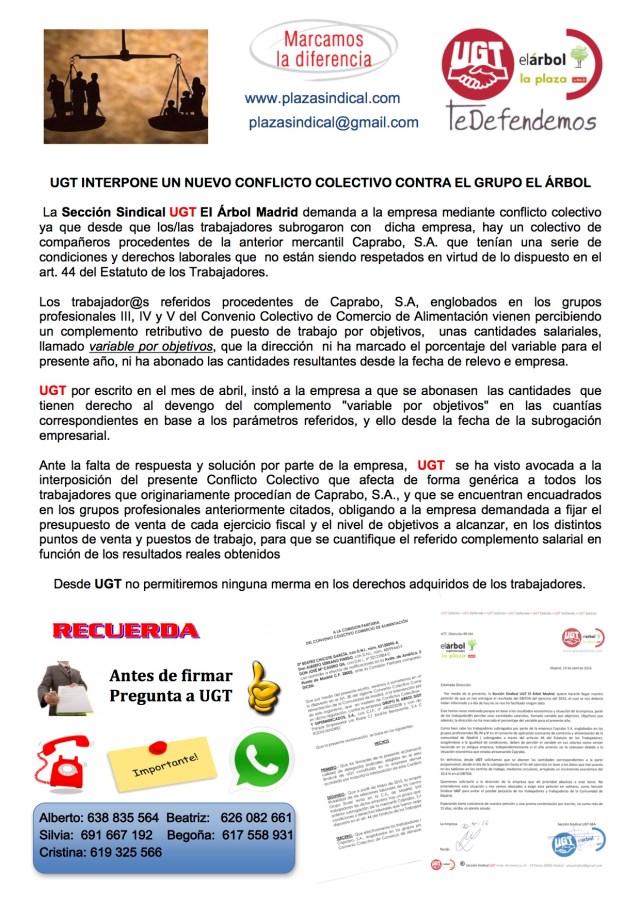 UGT INTERPONE UN NUEVO CONFLICTO COLECTIVO CONTRA EL GRUPO EL ÁRBOL