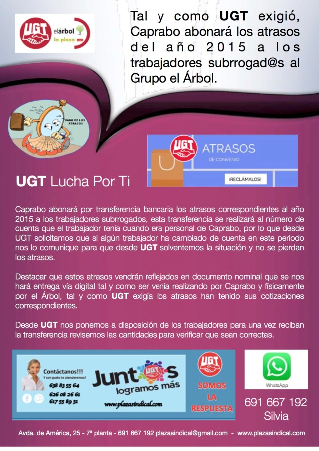 Caprabo abonará los atrasos del año 2015 a los trabajadores subrrogad@s al Grupo el Árbol.