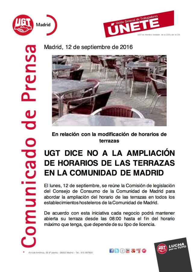 UGT DICE NO A LA AMPLIACIÓN DE HORARIOS DE LAS TERRAZAS EN LA COMUNIDAD DE MADRID