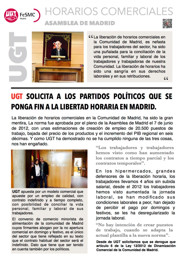 UGT solicita a los partidos políticos que se ponga fin a la libertad horaria en Madrid.