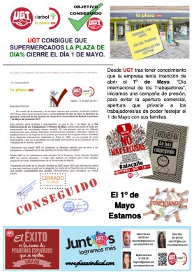 UGT consigue que Supermercados la Plaza de DIA% rectifique y no abra el 1º de Mayo.