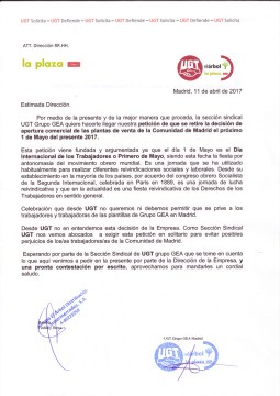 UGT consigue que Supermercados la Plaza de DIA% rectifique y no abra el 1º de Mayo.
