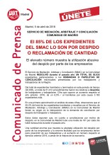 El 85% DE LOS EXPEDIENTES DEL SMAC LO SON POR DESPIDO O RECLAMACIÓN DE CANTIDAD
