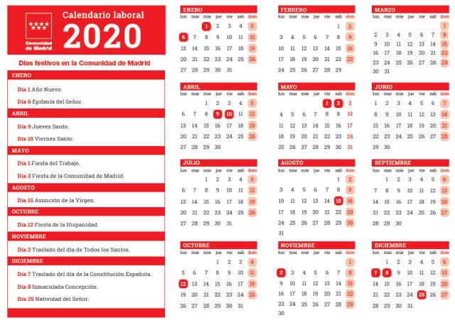 Fiestas laborales para el año 2020 en la Comunidad de Madrid