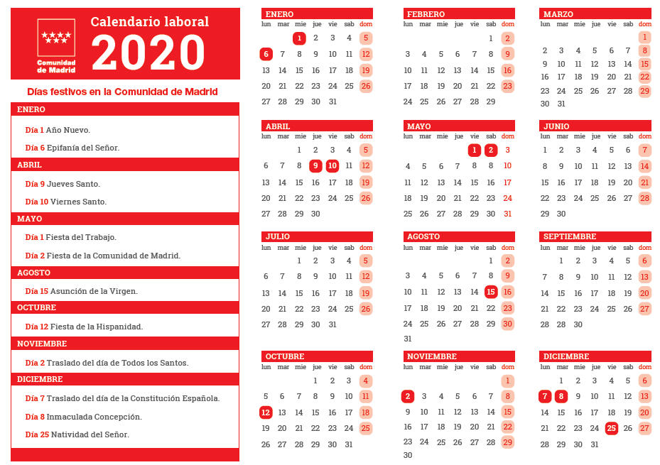 Fiestas laborales para el año 2020 en la Comunidad de Madrid