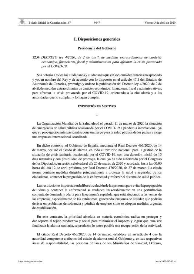 DECRETO ley 4/2020, de 2 de abril, de medidas extraordinarias de carácter económico, financieras, fiscal y administrativas para afrontar la crisis provocada por el COVID-19.