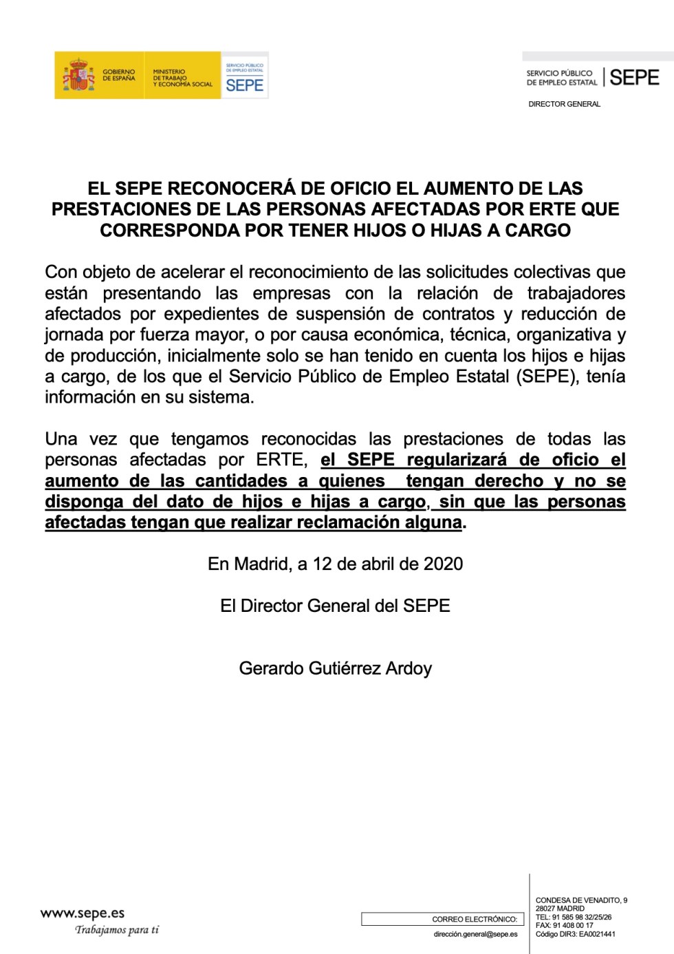 El SEPE reconocerá de oficio en los ERTES el aumento de la prestación por hijos a cargo