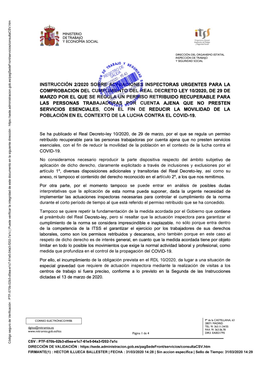INSTRUCCIÓN DE LA ITSS SOBRE EL PERMISO RETRIBUIDO RECUPERABLE
