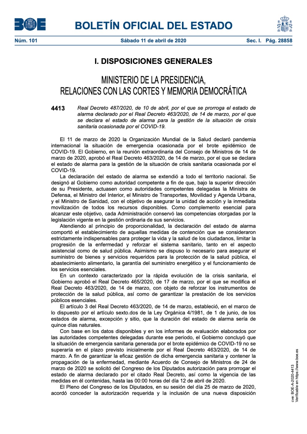 Real Decreto 487/2020, de 10 de abril, por el que se prorroga el estado de alarma por el COVID-19.