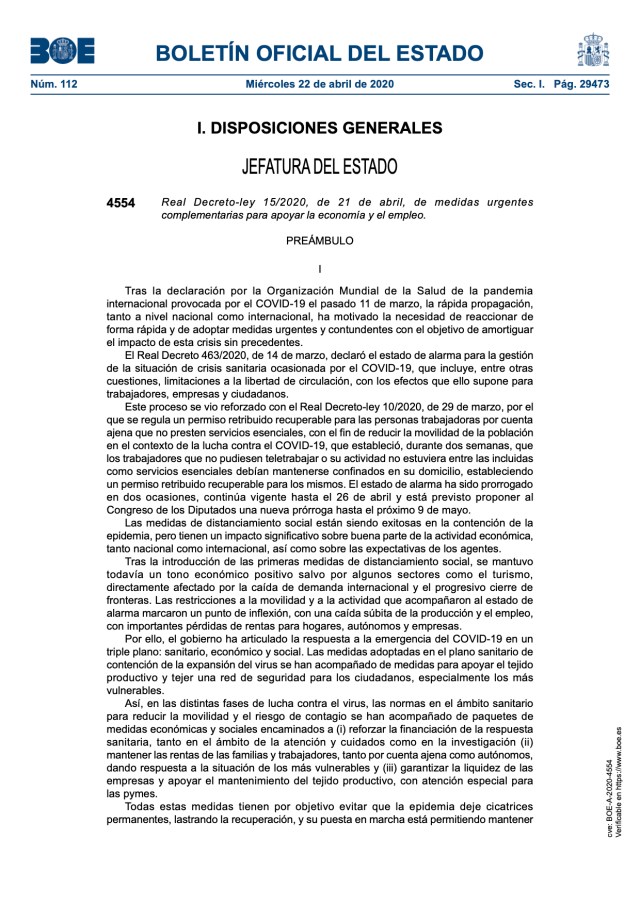 Real Decreto-ley 15/2020, de 21 de abril, de medidas urgentes complementarias para apoyar la economía y el empleo.