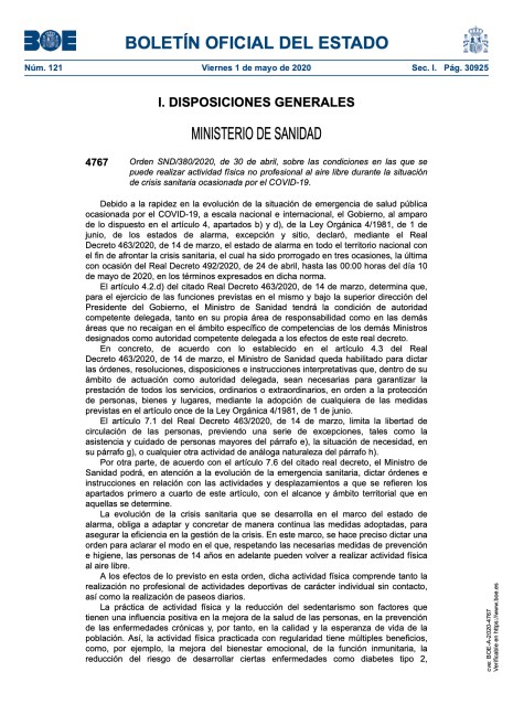 Condiciones en las que se puede realizar actividad física al aire libre durante la situación de crisis por el COVID-19.