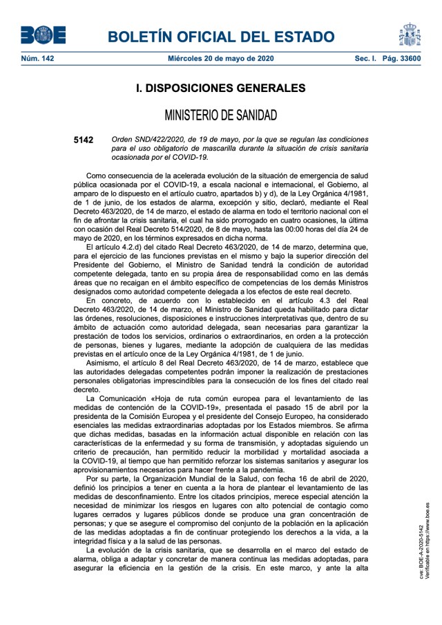 Condiciones para el uso obligatorio de mascarilla durante la situación de crisis sanitaria.