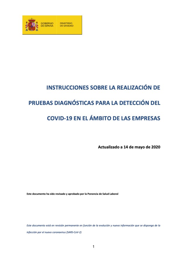 INSTRUCCIONES SOBRE LA REALIZACIÓN DE PRUEBAS DIAGNÓSTICAS PARA LA DETECCIÓN DEL COVID‐19 EN EL ÁMBITO DE LAS EMPRESAS