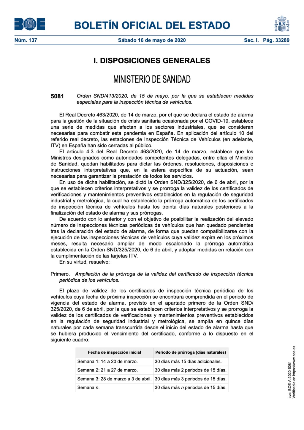 Orden SND/413/2020, de 15 de mayo, por la que se establecen medidas especiales para la inspección técnica de vehículos.