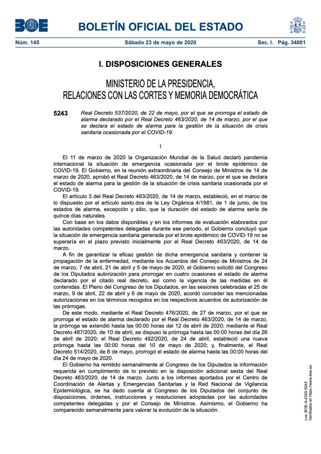 Real Decreto 537:2020, de 22 de mayo, por el que se prorroga el estado de alarma