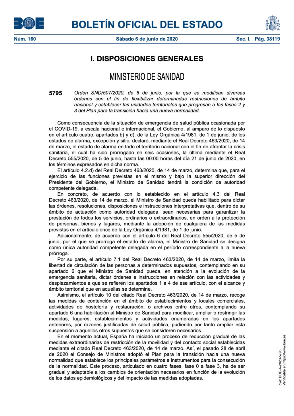 Flexibilización de determinadas restricciones de ámbito nacional y establecer las unidades territoriales que progresan a las fases 2 y 3.
