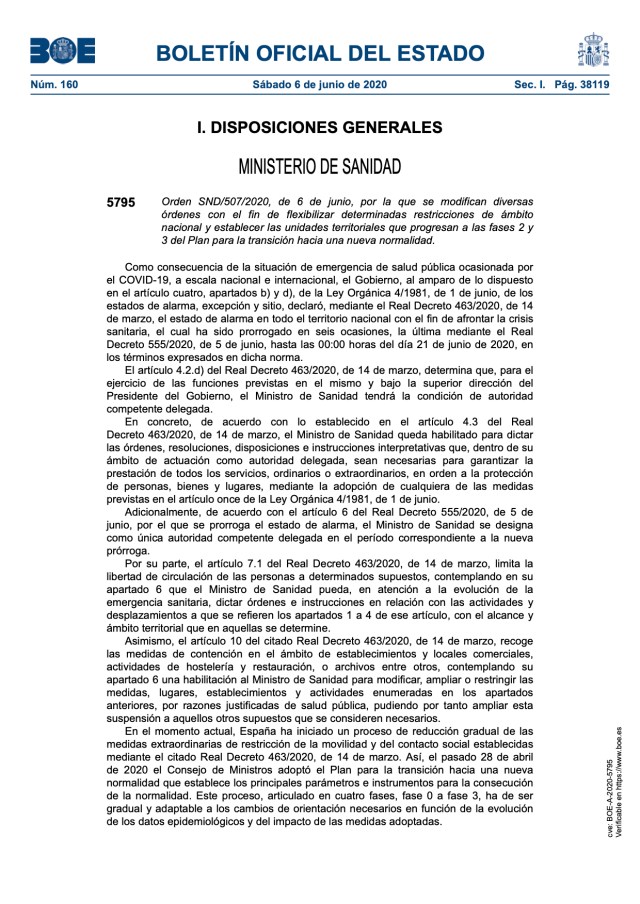 Flexibilización de determinadas restricciones de ámbito nacional y establecer las unidades territoriales que progresan a las fases 2 y 3.