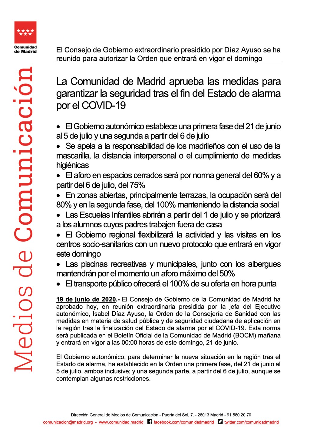 La Comunidad de Madrid aprueba las medidas para garantizar la seguridad tras el fin del Estado de alarma por el COVID-19