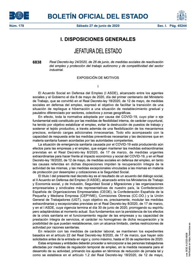 Medidas sociales de reactivación del empleo y protección del trabajo autónomo y de competitividad del sector industrial.