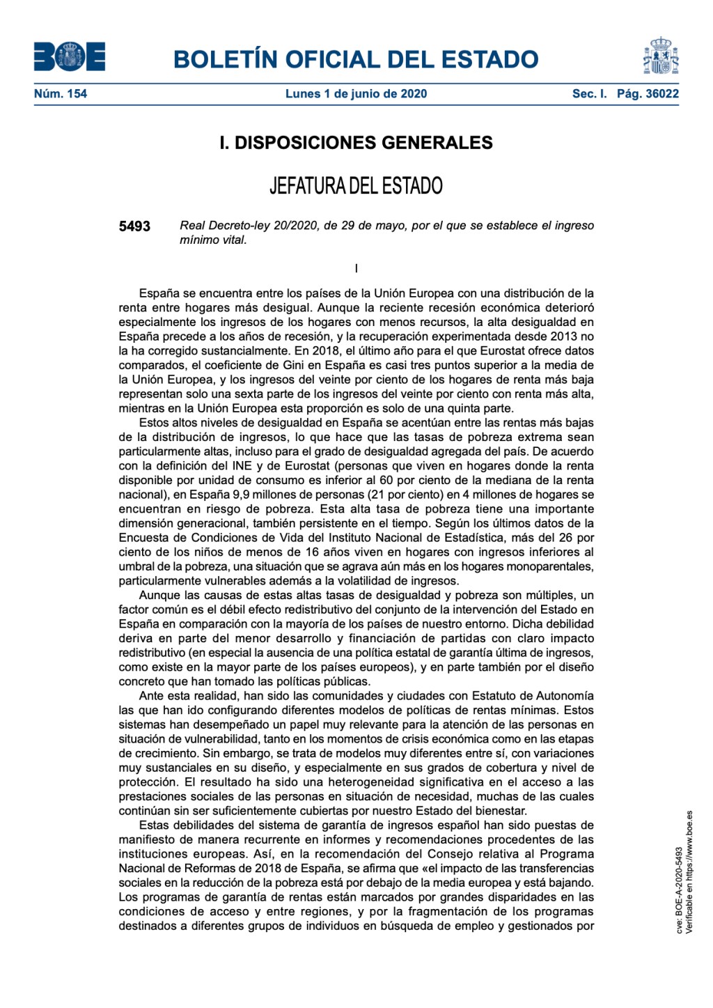 Real Decreto-ley 20/2020, de 29 de mayo, por el que se establece el ingreso mínimo vital.