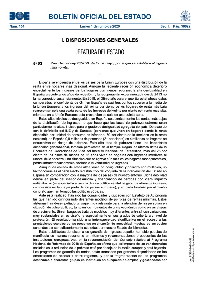 Real Decreto-ley 20/2020, de 29 de mayo, por el que se establece el ingreso mínimo vital.