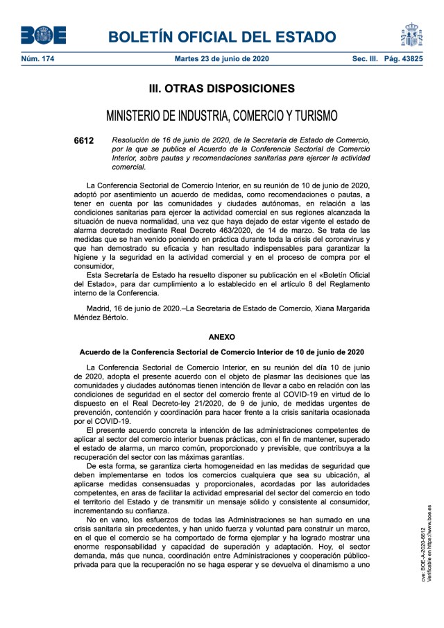Acuerdo sobre pautas y recomendaciones sanitarias para ejercer la actividad comercial.