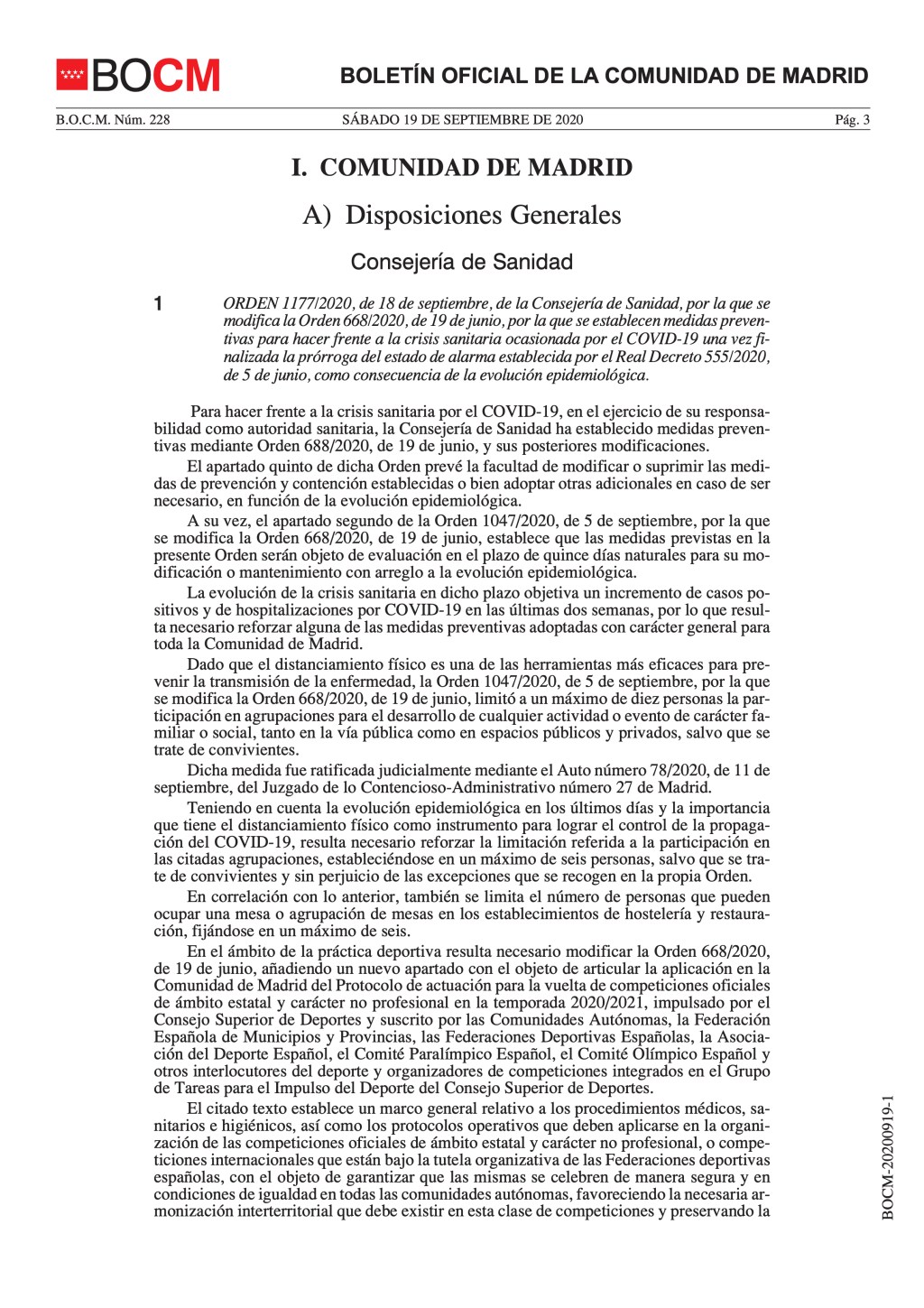 ORDEN 1177/2020, DE 18 DE SEPTIEMBRE, PARA HACER FRENTE A LA COVID-19