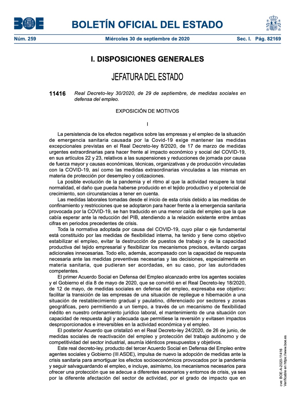 Real Decreto-ley 30/2020, de 29 de septiembre, de medidas sociales en defensa del empleo.