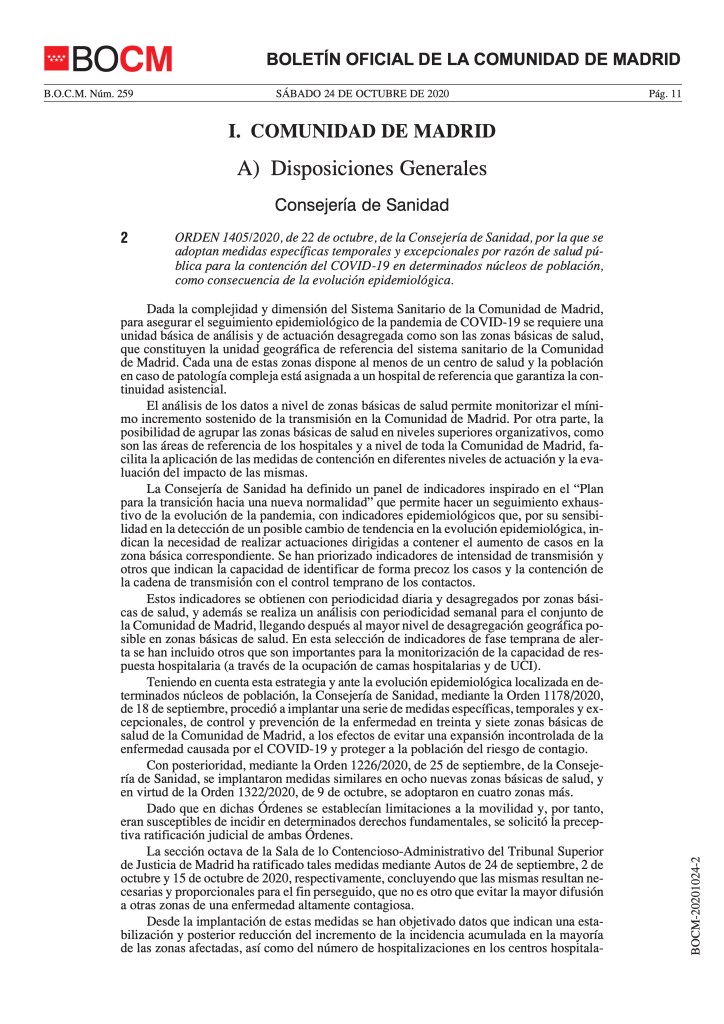 Medidas específicas temporales y excepcionales por razón de salud pública para la contención del COVID-19 en determinados núcleos de población.