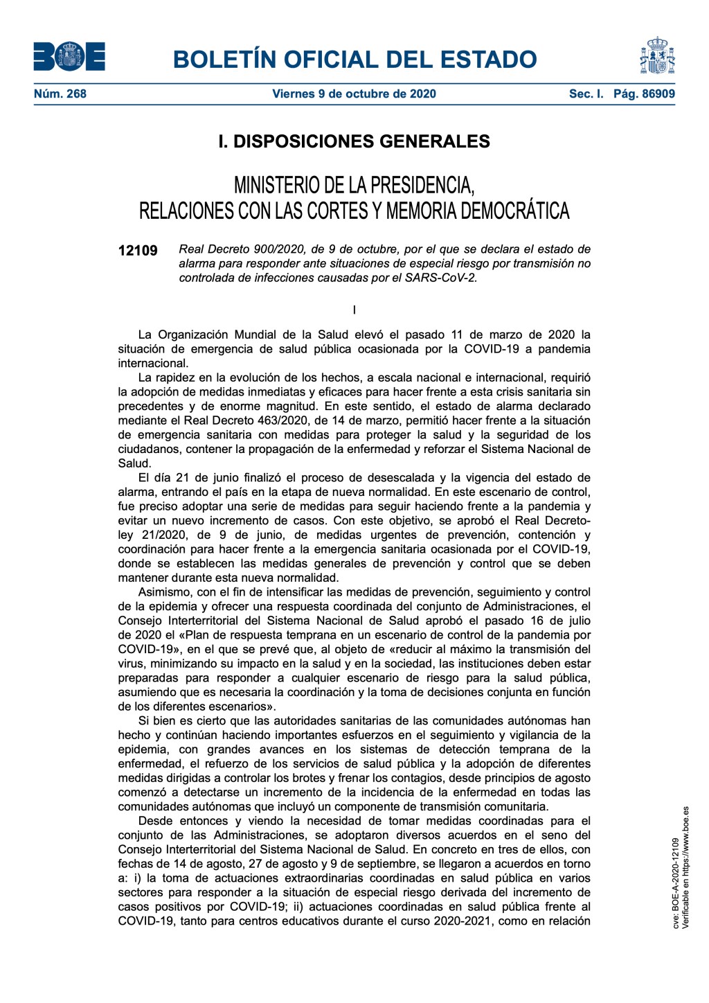 REAL DECRETO 900/2020, DE 9 DE OCTUBRE, POR EL QUE SE DECLARA EL ESTADO DE ALARMA