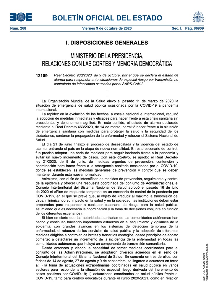 REAL DECRETO 900/2020, DE 9 DE OCTUBRE, POR EL QUE SE DECLARA EL ESTADO DE ALARMA