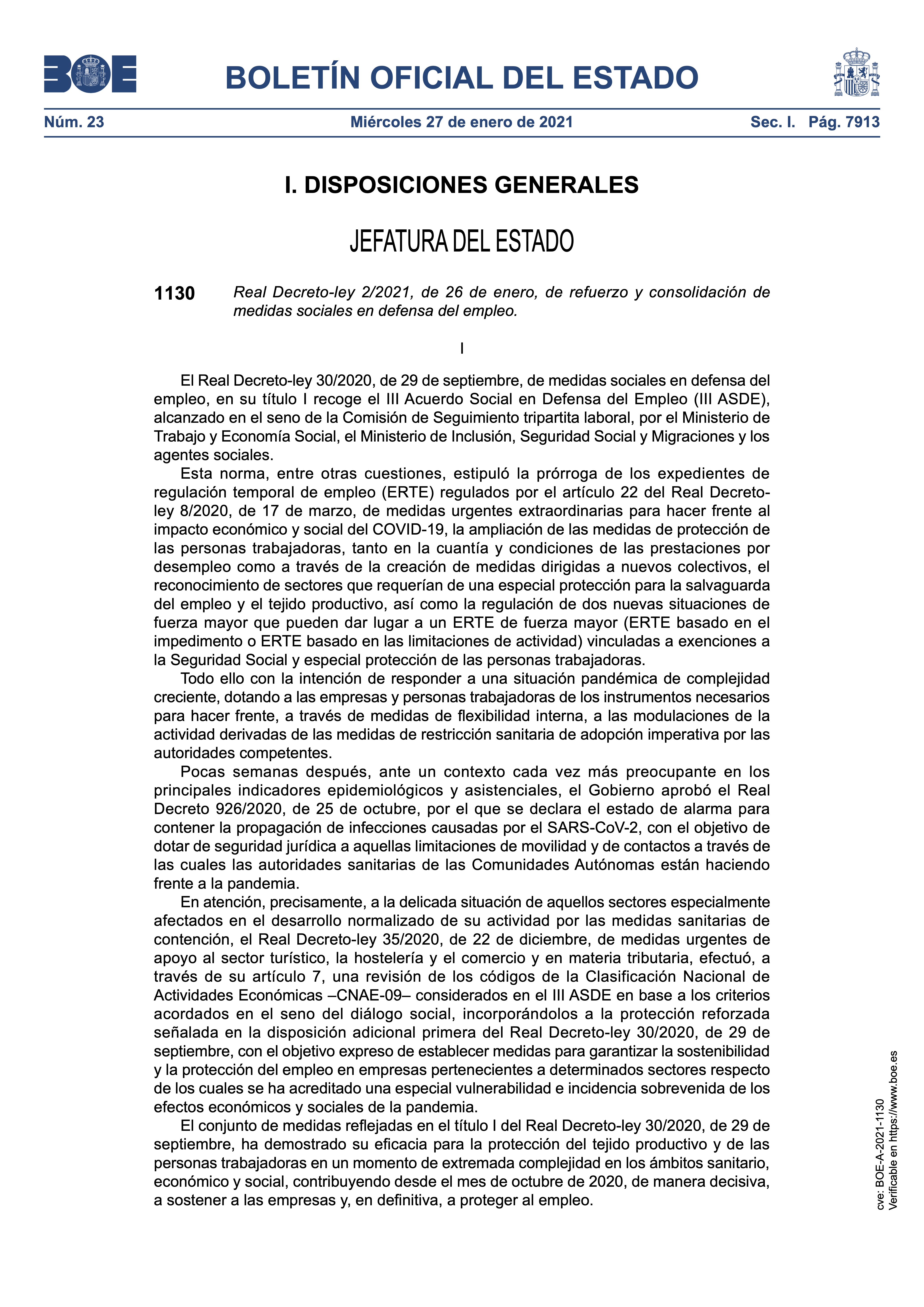 Real Decreto-ley 2/2021, de 26 de enero, de refuerzo y consolidación de medidas sociales en defensa del empleo.