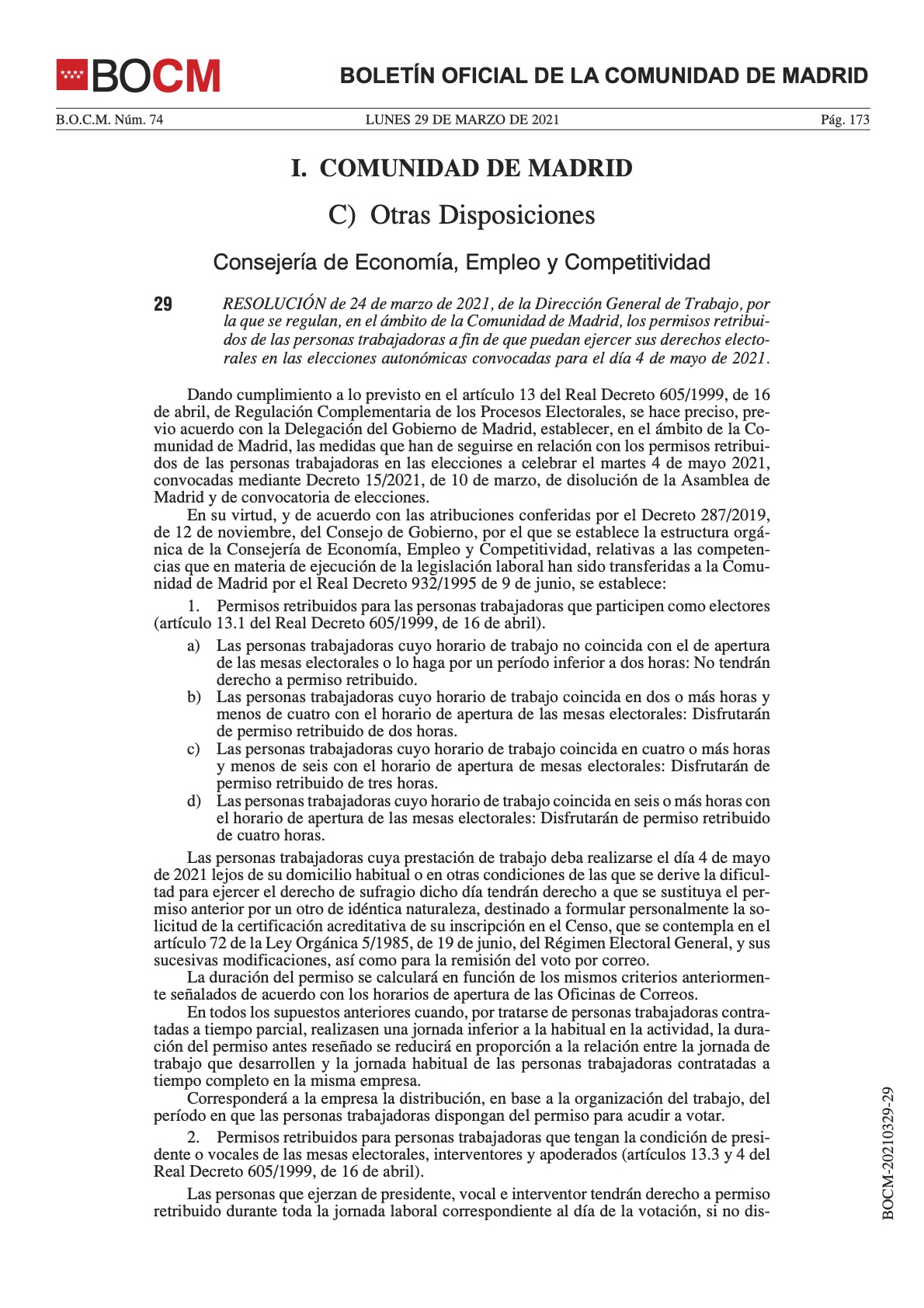 Permisos retribuidos Eleciones Autonómicas 4M