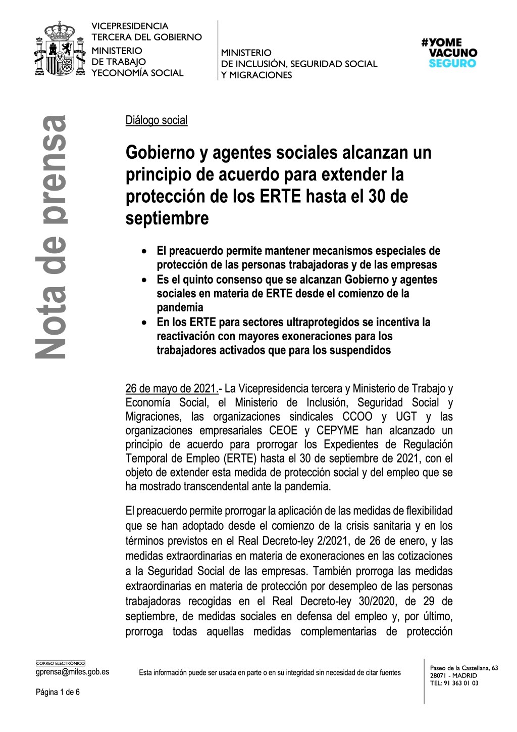 ACUERDO PARA EXTENDER LA PROTECCIÓN DE LOS ERTE HASTA EL 30 DE SEPTIEMBRE