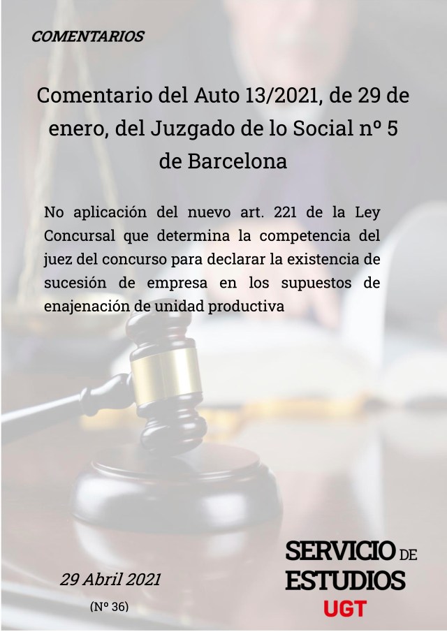AUTO 13/2021 JUZGADO DE LO SOCIAL 5 DE BARCELONA, DE 29 DE ENERO 2021