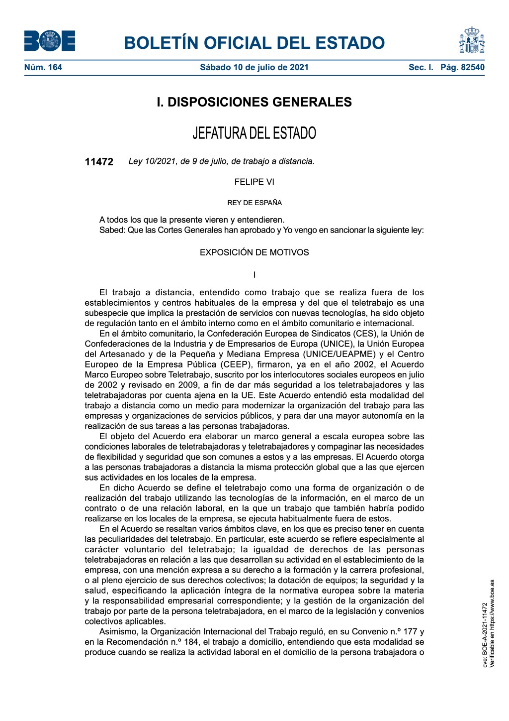 Ley 10:2021, de 9 de julio, de trabajo a distancia