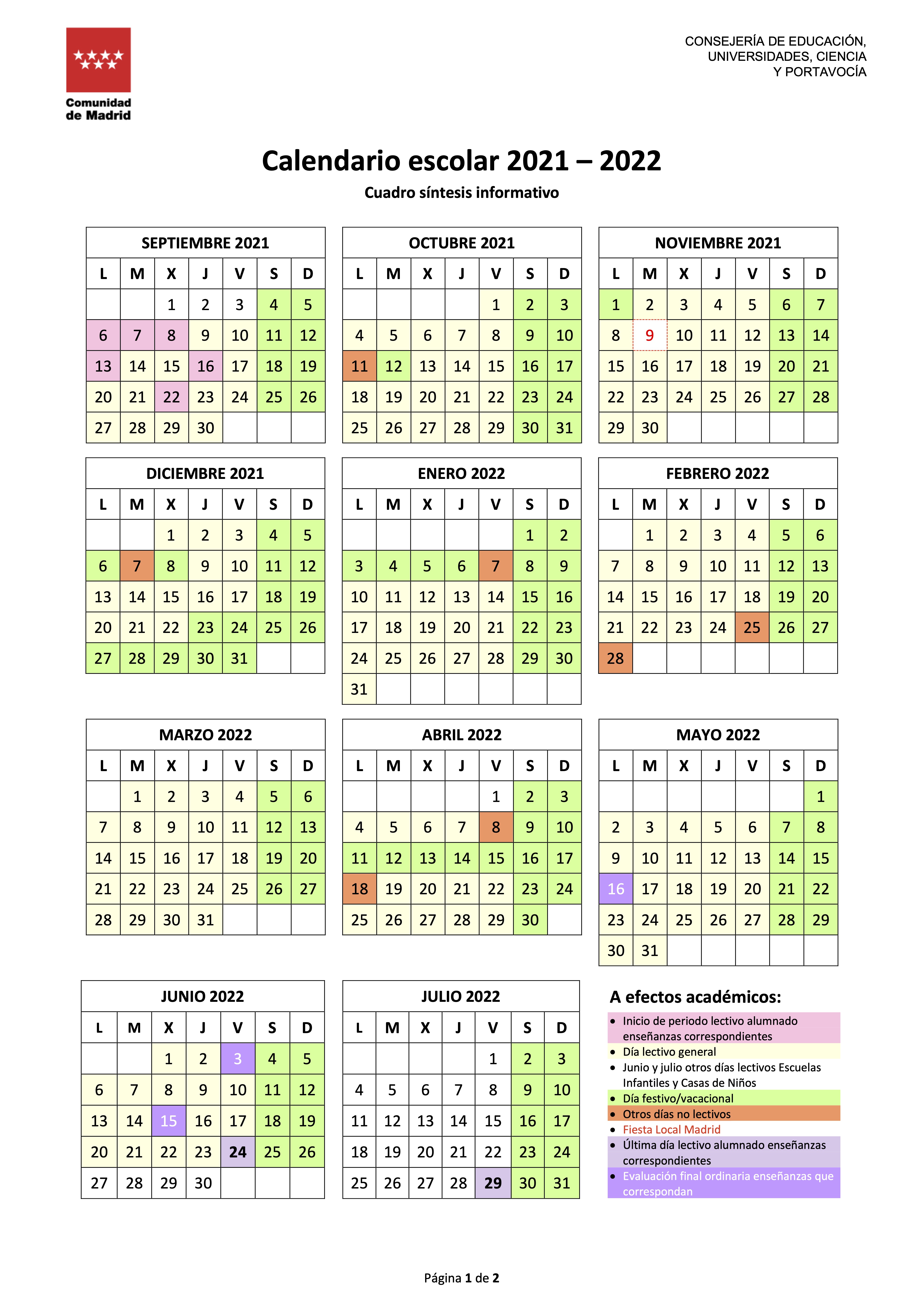 CALENDARIO ESCOLAR 2021 – 2022 COMUNIDAD DE MADRID