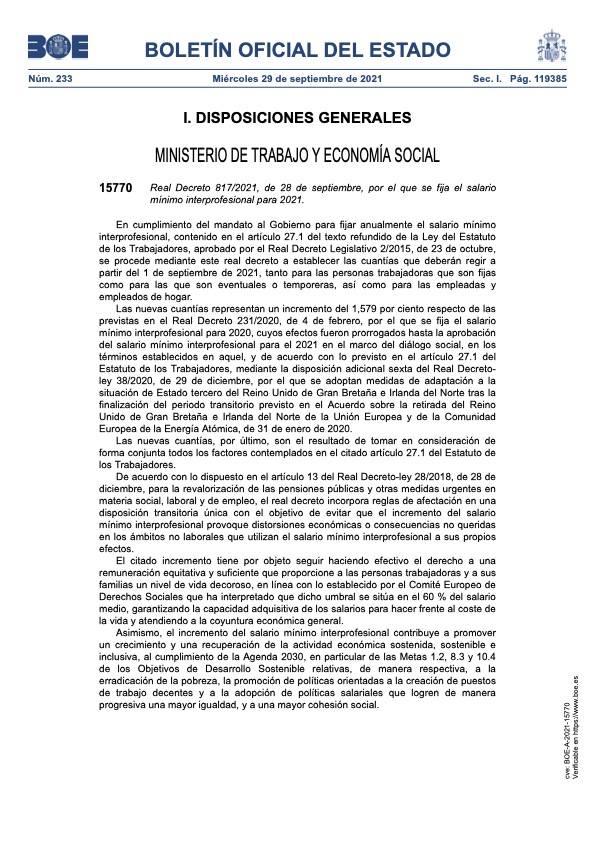 Real Decreto 817/2021, de 28 de septiembre, por el que se fija el salario mínimo interprofesional para 2021.