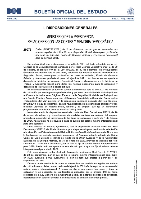 Normas legales de cotización a la Seguridad Social, desempleo, protección por cese de actividad, Fondo de Garantía Salarial y Formación Profesional para el ejercicio 2021