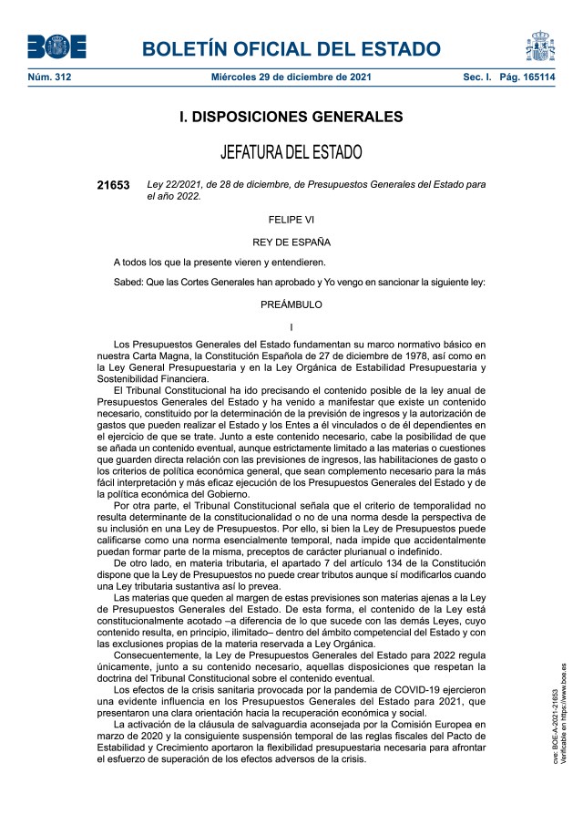📌 Ley 22/2021, de 28 de diciembre, 👉 de Presupuestos Generales del Estado 👉 para el año 2022.