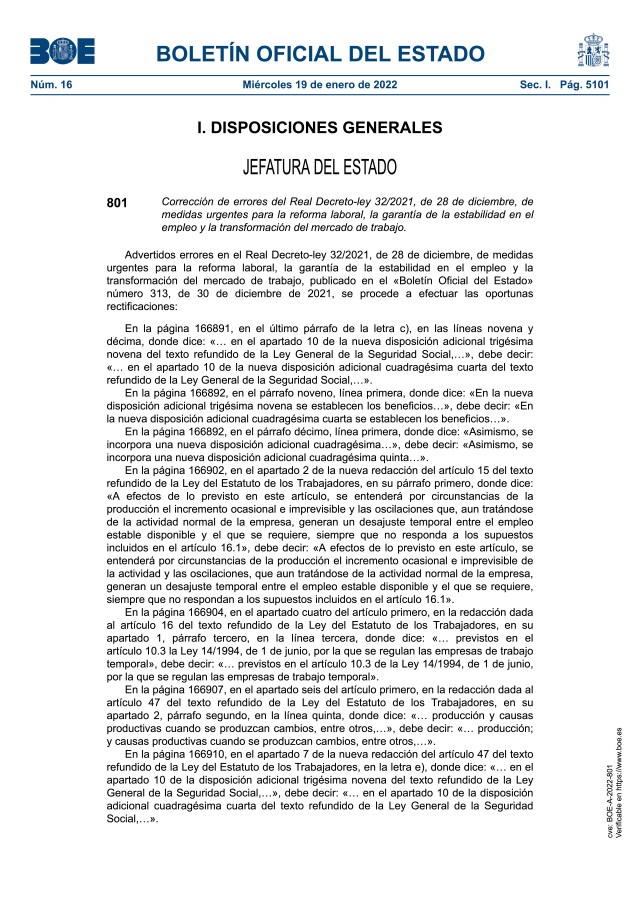 Corrección de errores del Real Decreto-ley 32/2021, de 28 de diciembre, de medidas urgentes para la reforma laboral, la garantía de la estabilidad en el empleo y la transformación del mercado de trabajo.