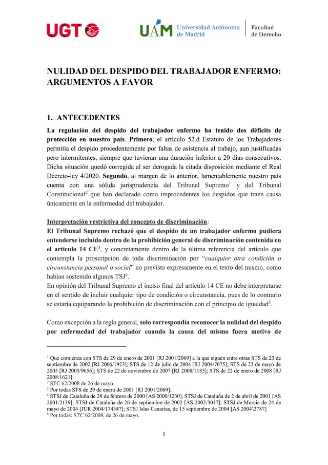 NULIDAD DEL DESPIDO DEL TRABAJADOR ENFERMO: ARGUMENTOS A FAVOR.