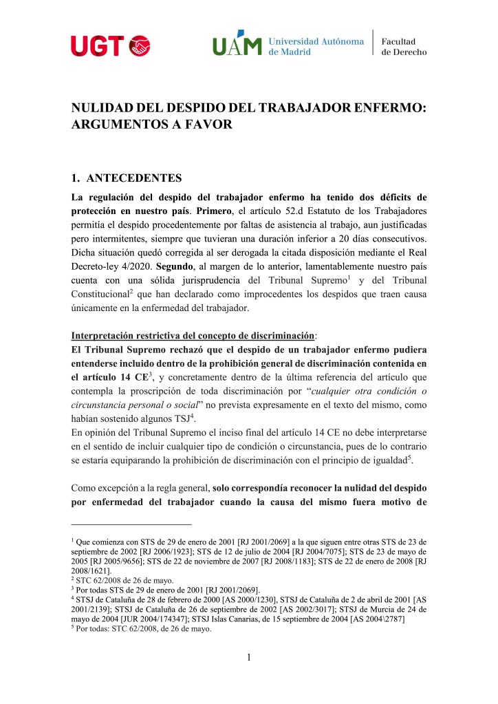 NULIDAD DEL DESPIDO DEL TRABAJADOR ENFERMO: ARGUMENTOS A FAVOR.